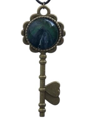 Hand Crafted Fluid Art Necklace Green Black Purple Skeleton Key Pendant